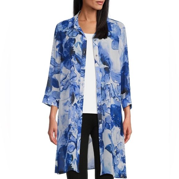 Investments Tops - NEW Size M Slim Factor Investments 3/4 Sleeve Button Front Long Top Blue $79